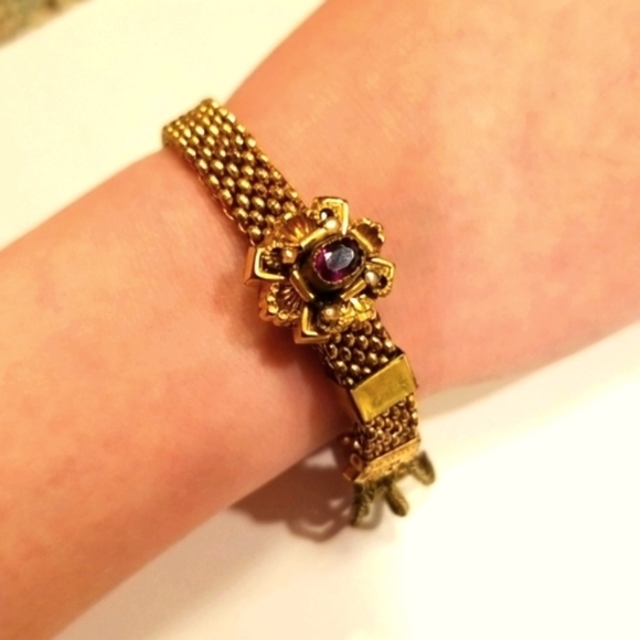 Rare antique/vintage victorian slide bracelet with red stone and seed pearls GF - Picture 1 of 4